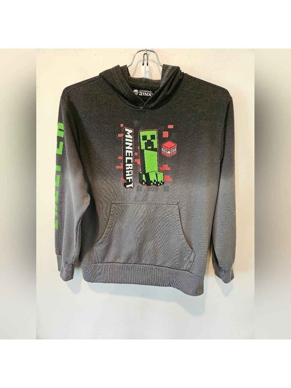 JINX TEEN BOY'S MINECRAFT CREEPER GREY OMBRE HOODED PULLOVER SWEATSHIRT SIZE S